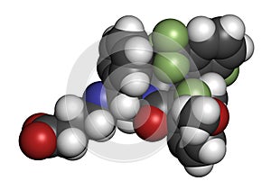 Elagolix drug molecule gonadotropin-releasing hormone receptor antagonist. 3D rendering. Atoms are represented as spheres with.