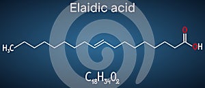 Elaidic acid molecule. Structural chemical formula and molecule model on the dark blue background