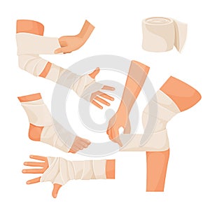 Elastic bandage on injured human body parts set photo