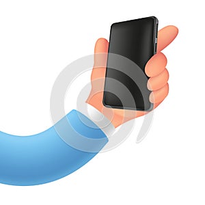 Elastic cartoon hand with a smartphone, 3D render. Funny character hand holding a mobile phone with an empty space on the device