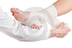 Elastic supportive orthopedic bandage, compression stabilizer ankle, isolated on white