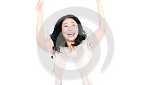 Elated Asian woman gesturing