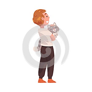 Elated Boy Character Standing with Cat Pet and Waiting for Someone Vector Illustration