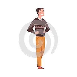 Elated Man with Arms on Hips Waiting for Somebody Vector Illustration