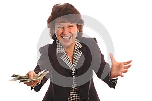 Elated woman with cash 412