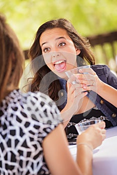Elated Young Teen Having Drinks and Talking with Her Friend