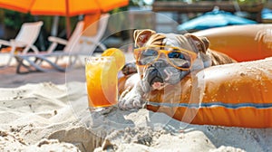 elaxing Bulldog in Sunglasses on Sunny Beach