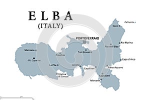 Elba, Italy, gray political map, Site of the first exile of Napoleon