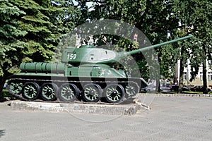 ELBLONG, POLAND. The T-34 memorial tank on a pedestal in the square