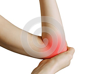 Elbow injury and fatigue at work. Damage zone, image on an empty background.