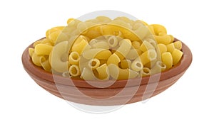 Elbow macaroni in a small red clay bowl