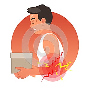 Elbow pain concept vector illustration with human torso carrying box. Pain circles on arm.