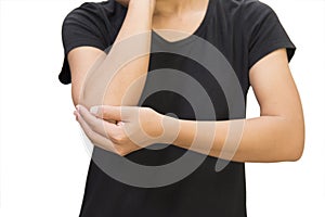 Elbow pain on white background photo