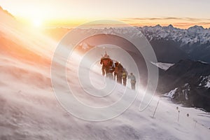 Elbrus, a group of climbers at dawn at an altitude of 5200m