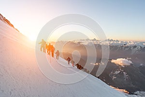 Elbrus, a group of climbers at dawn at an altitude of 5200m