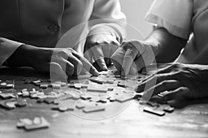 Elder care nurse playing jigsaw puzzle with senior man