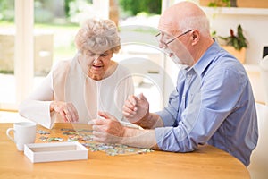 Elder couple assembling the puzzle together