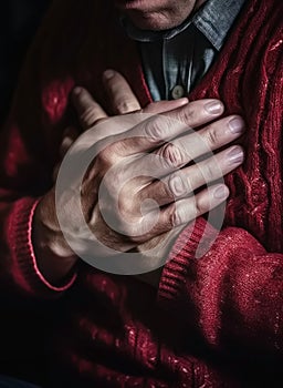 Elder man use hand holding chest with pain heart disease. Generative Ai