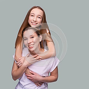 Elder mother and daughter hug. Happy portrait