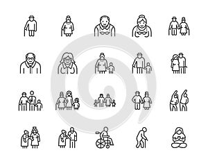 Elder people care flat line icons set. Senior couple, nursing home, happy old man exercising, patient support vector