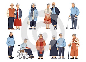 Elder people. Old man and woman standing, person couples, senior older lady, grandmother and grandfather group, happy