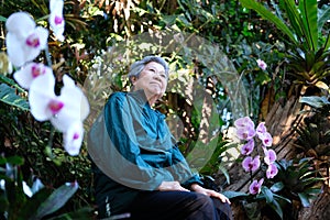 elder woman resting in garden. elderly female relaxing outdoors. senior leisure lifestyle