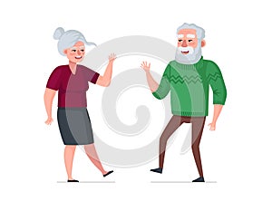 Elderly active joyful man and woman couple dancing. Healthy happy old age concept. People seniors enjoy spending time