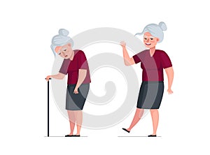 Elderly active joyful and unhealthy sick pensioner comparison. Healthy happy and sad tired old age concept. Weakness