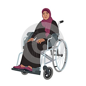 An elderly Arab woman in closed clothes is sitting in a wheelchair. Disability and nationality