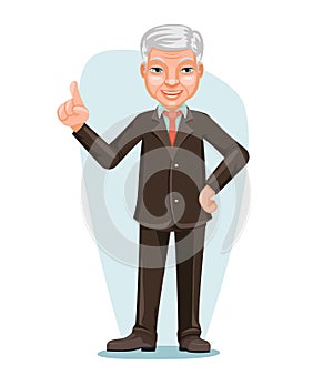 Elderly Asian Businessman Chinese Japanese Vietnamese Male Employee Boss Hand Forefinger Up Cartoon Character Design