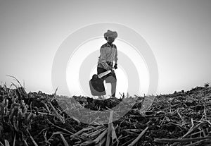 Elderly Asian farmers shoveling and prepare the soil with a spade for planting on sunset background