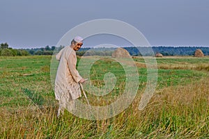 An elderly asian man in an embroidered skullcap and white traditional Clothes mows hand-scythe grass in a hayfield