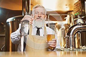 Elderly barman standing at bar counter with beer glass.