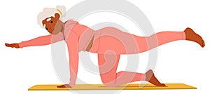 Elderly Black Woman In Pink Sportswear Is Striking A Yoga Pose On A Mat. Active Aged Female Character Stretching