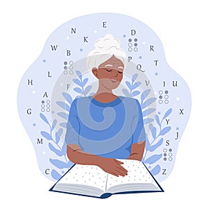 Elderly black woman reads something in Braille. June 27 - International Day of the Deaf-Blind.World Braille Day