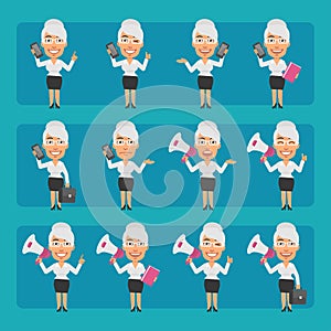 Elderly business lady in different poses and emotions Pack 1. Big character set