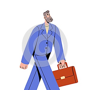 Elderly businessman with briefcase walking. Leader, business man carrying portfolio in hand. Senior employee, worker in