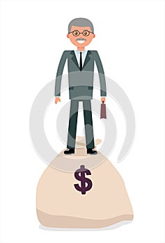 Elderly businessman standing on the bag with money.