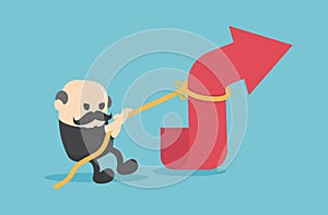 Elderly businessman is using a rope to pull the arrow graph. concept business vector cartoon