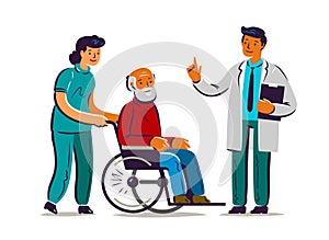 Elderly care concept. Nurse Medicine staff Patient Hospital Doctor Wheelchair flat illustration