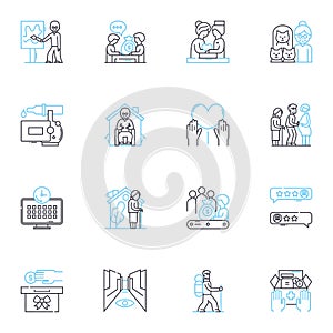 Elderly care linear icons set. Companionship, Mobility, Nutrition, Independence, Safety, Dignity, Memory line vector and