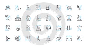 Elderly care linear icons set. Companionship, Mobility, Nutrition, Independence, Safety, Dignity, Memory line vector and