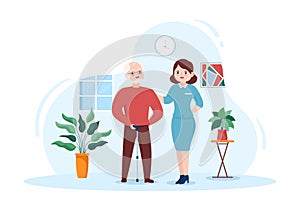 Elderly Care Services Hand Drawn Cartoon Flat Illustration with Caregiver, Nursing Home, Assisted Living and Support Design