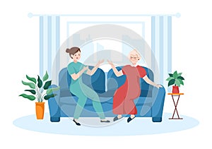 Elderly Care Services Hand Drawn Cartoon Flat Illustration with Caregiver, Nursing Home, Assisted Living and Support Design