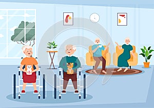 Elderly Care Services Hand Drawn Cartoon Flat Illustration with Caregiver, Nursing Home, Assisted Living and Support Design