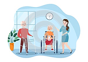 Elderly Care Services Hand Drawn Cartoon Flat Illustration with Caregiver, Nursing Home, Assisted Living and Support Design