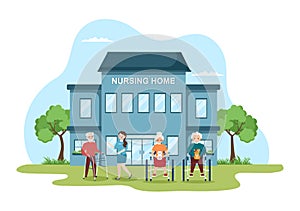 Elderly Care Services Hand Drawn Cartoon Flat Illustration with Caregiver, Nursing Home, Assisted Living and Support Design