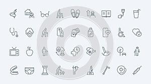 Elderly care thin line icons set, old age and gerontology symbols, senior peoples leisure