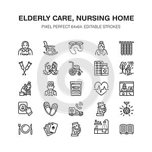 Elderly care vector flat line icons. Nursing home elements - old people activity, wheelchair, health check, hospital