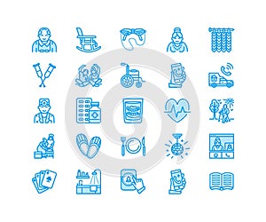 Elderly care vector flat line icons. Nursing home elements - old people activity, wheelchair, health check, hospital